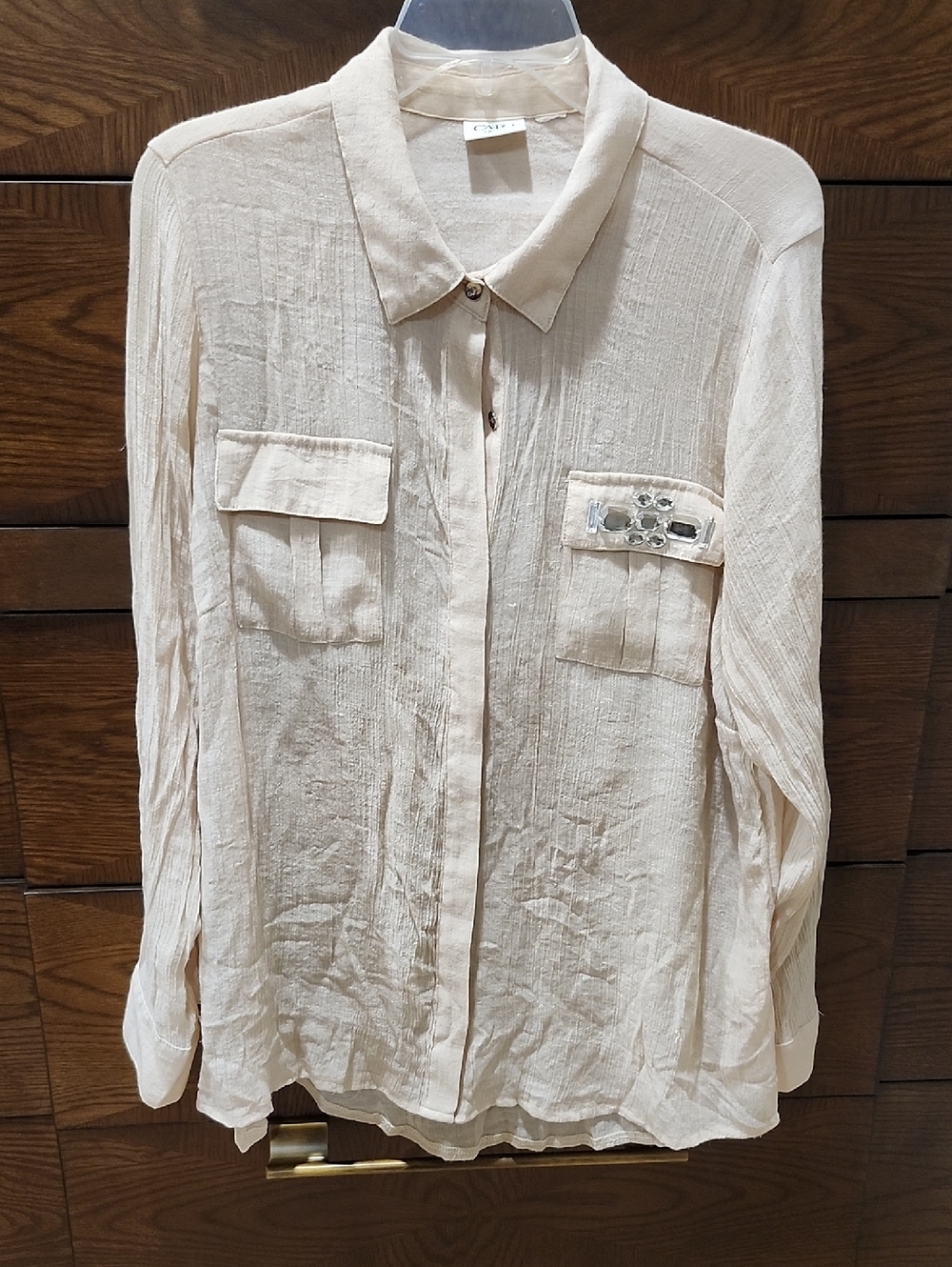 Tan Lightweight Button-Down Blouse With Bejeweled Pocket.